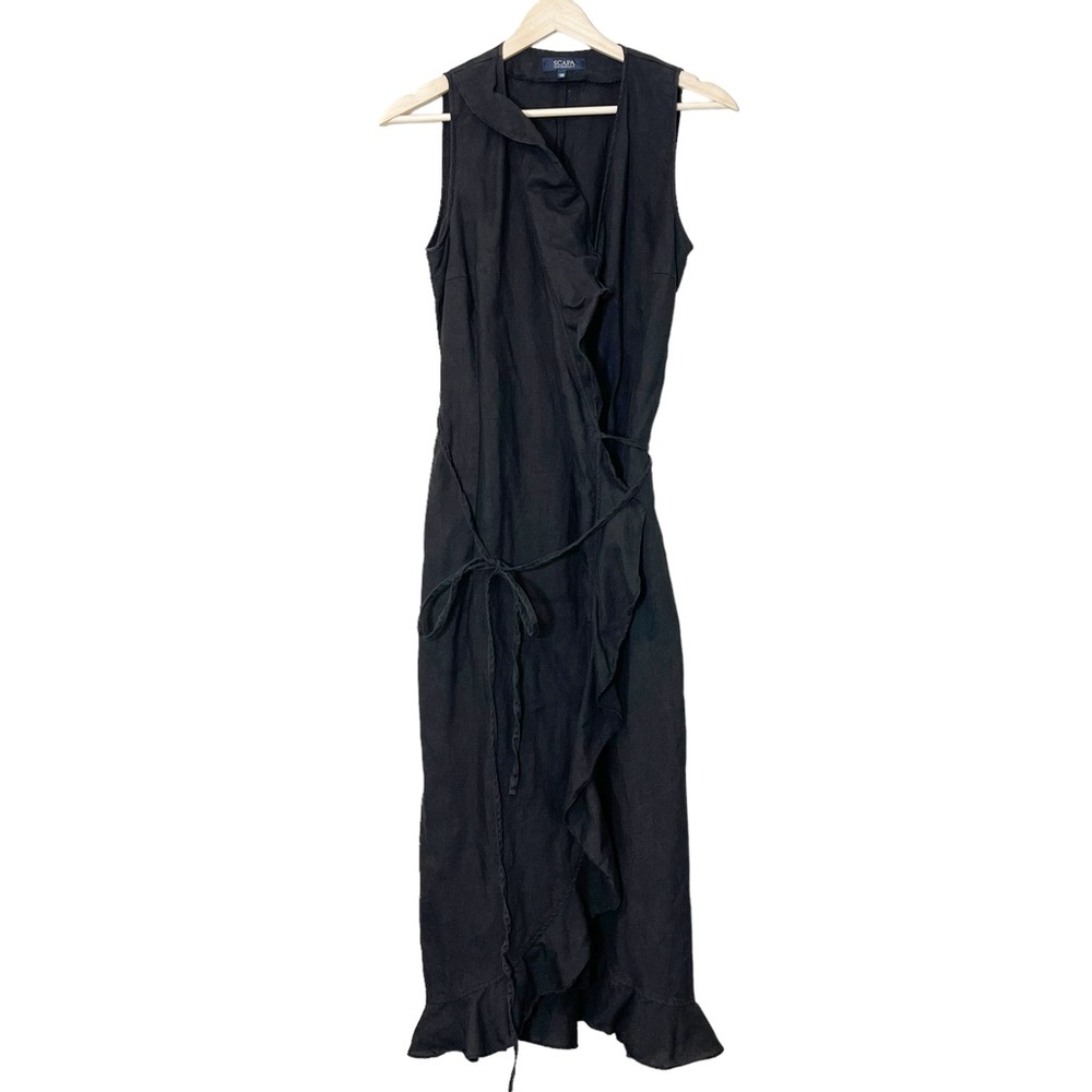 Scapa Womens 100% Linen Ruffle Wrap Midi Dress Size 38 Black Sleeveless - Picture 1 of 10